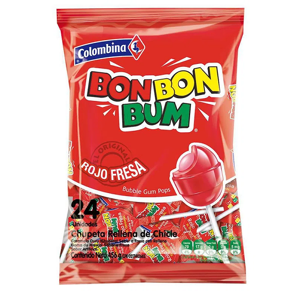 Chupetas Bon Bon Bum Rojo Fresa 24 unidades